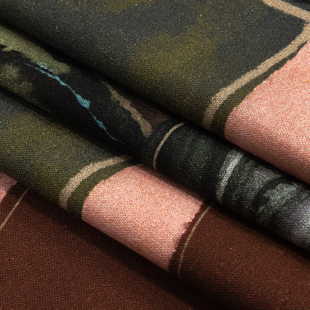 Linen and Rayon Woven - Rust, Olive and Ochre Geometric Abstract - Distorted Dimensions Print - Mood Exclusive Tumunyana Collection Linen and Rayon Woven - Rust, Olive and Ochre Geometric Abstract - Distorted Dimensions Print - Mood Exclusive Tumunyana Collection