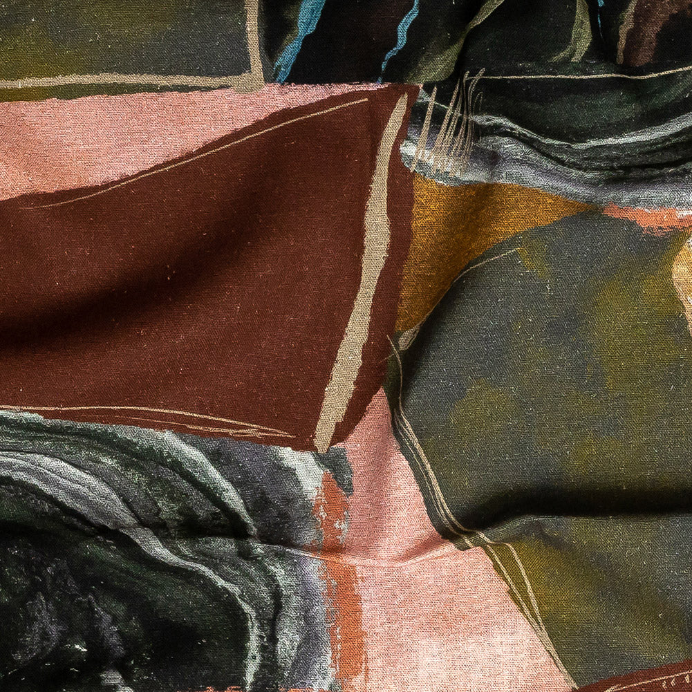 Linen and Rayon Woven - Rust, Olive and Ochre Geometric Abstract - Distorted Dimensions Print - Mood Exclusive Tumunyana Collection Linen and Rayon Woven - Rust, Olive and Ochre Geometric Abstract - Distorted Dimensions Print - Mood Exclusive Tumunyana Collection