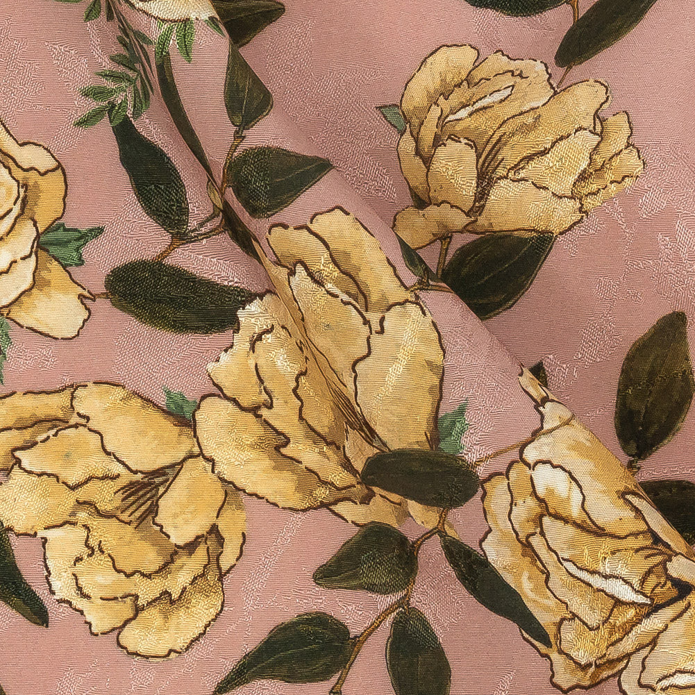 Rayon Jacquard - Pink and Yellow Roses - Grazie Print - Mood Exclusive Viso Collection Detail Rayon Jacquard - Pink and Yellow Roses - Grazie Print - Mood Exclusive Viso Collection Detail