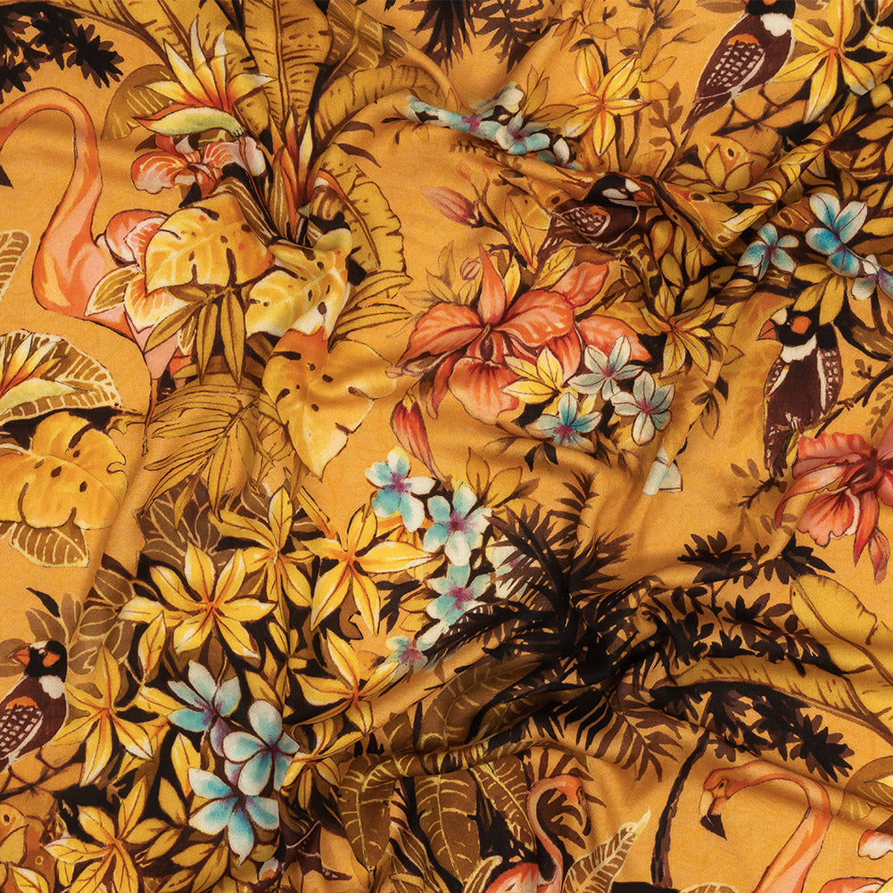 Rayon Challis - Gold and Pink Flamingoes and Flowers - Toscana Print - Mood Exclusive Viso Collection Rayon Challis - Gold and Pink Flamingoes and Flowers - Toscana Print - Mood Exclusive Viso Collection