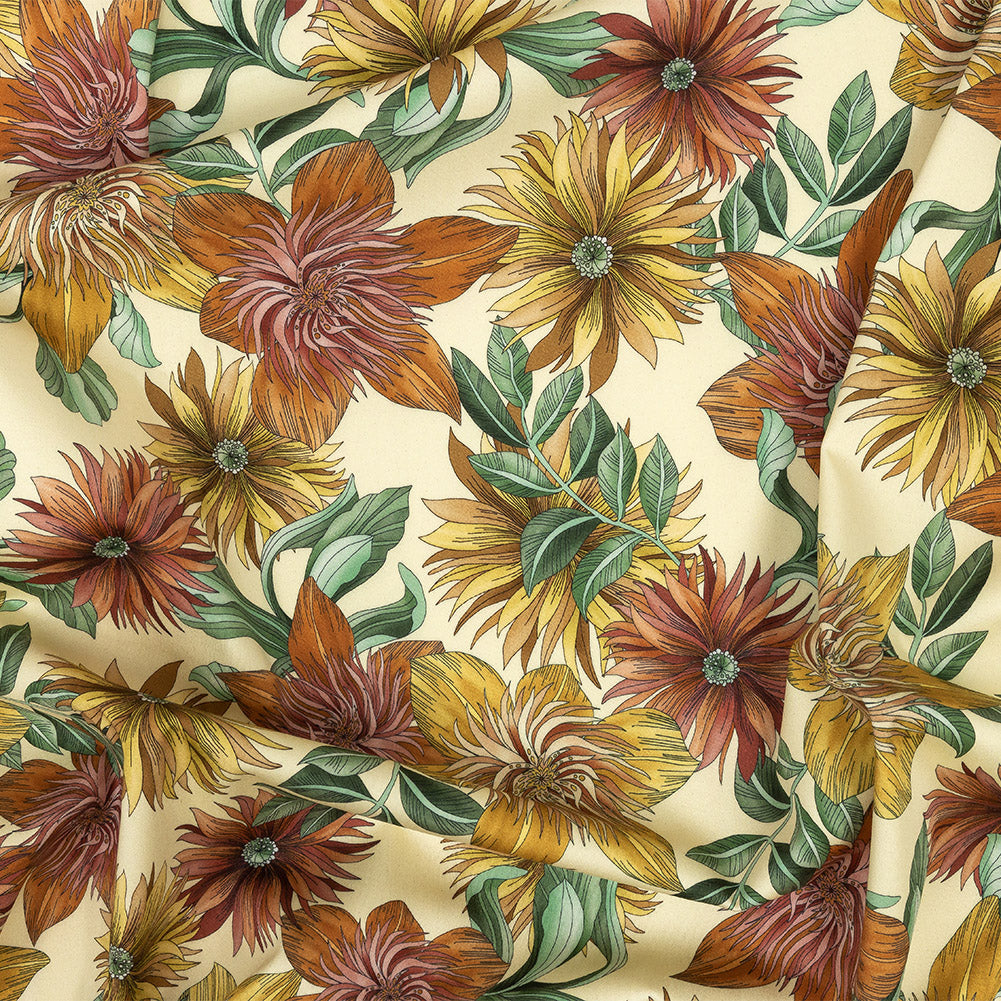 Stretch Cotton Sateen - Yellow and Orange Floral - i Fiori Print - Mood Exclusive Viso Collection Stretch Cotton Sateen - Yellow and Orange Floral - i Fiori Print - Mood Exclusive Viso Collection