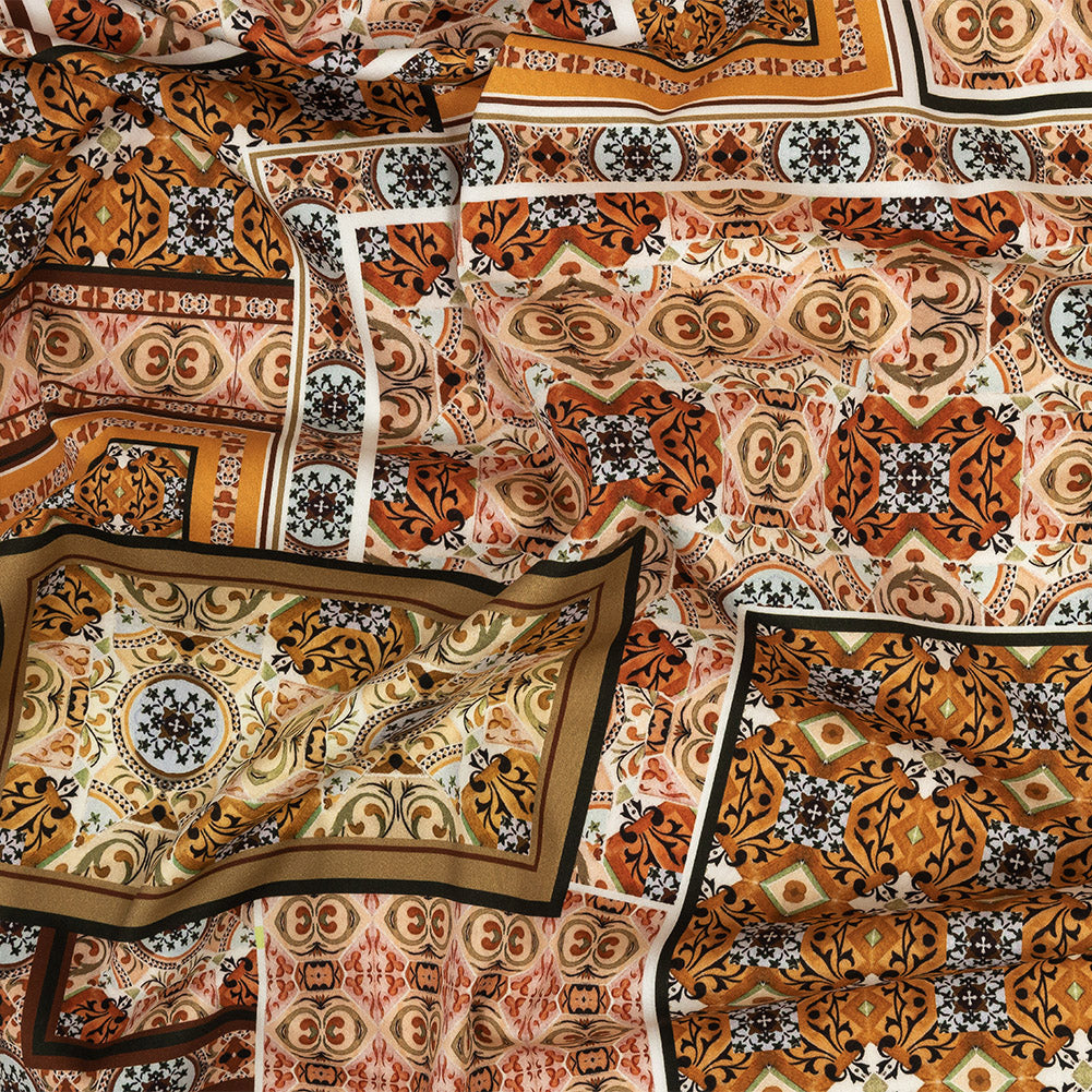 Stretch Cotton Sateen - Pink and Orange Ornate Patchwork - Arabesco Print - Mood Exclusive Viso Collection Stretch Cotton Sateen - Pink and Orange Ornate Patchwork - Arabesco Print - Mood Exclusive Viso Collection