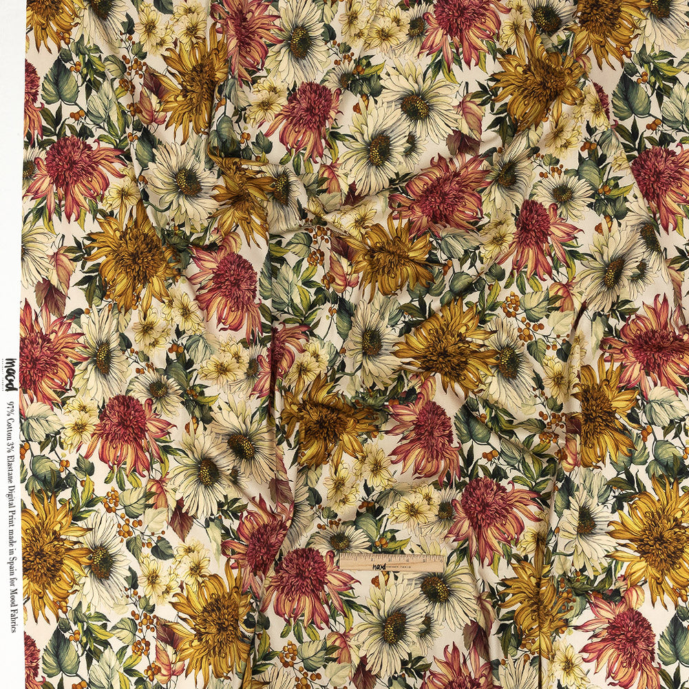 Stretch Cotton Sateen - Cream, Red and Yellow Floral - Sogni d'Oro Print - Mood Exclusive Viso Collection Full Stretch Cotton Sateen - Cream, Red and Yellow Floral - Sogni d'Oro Print - Mood Exclusive Viso Collection Full