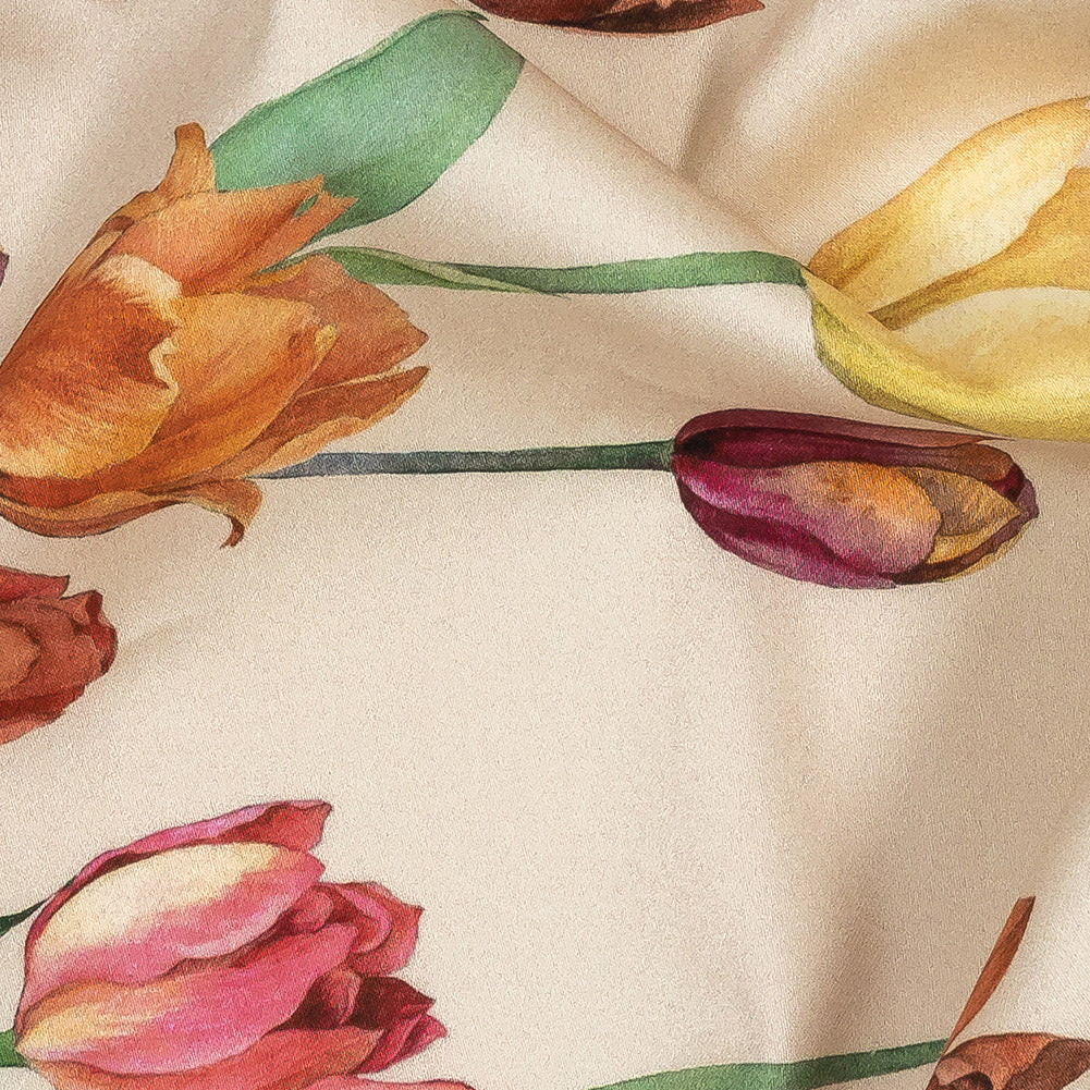 Stretch Cotton Sateen - Pink, Red and Yellow Tulips Border - Camminata Print - Mood Exclusive Viso Collection Detail Stretch Cotton Sateen - Pink, Red and Yellow Tulips Border - Camminata Print - Mood Exclusive Viso Collection Detail
