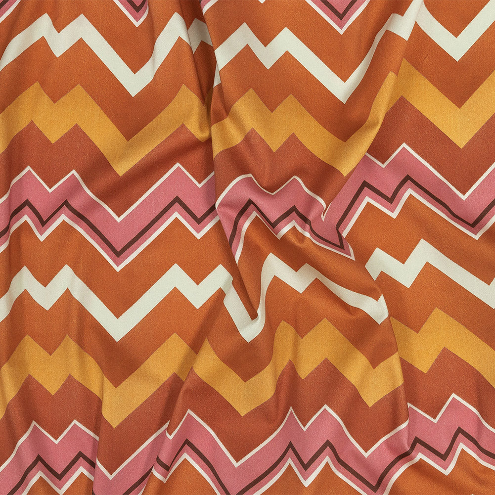 Stretch Cotton Sateen - Pink and Orange Zig Zags - Festa di Apollo Print - Mood Exclusive Viso Collection Stretch Cotton Sateen - Pink and Orange Zig Zags - Festa di Apollo Print - Mood Exclusive Viso Collection