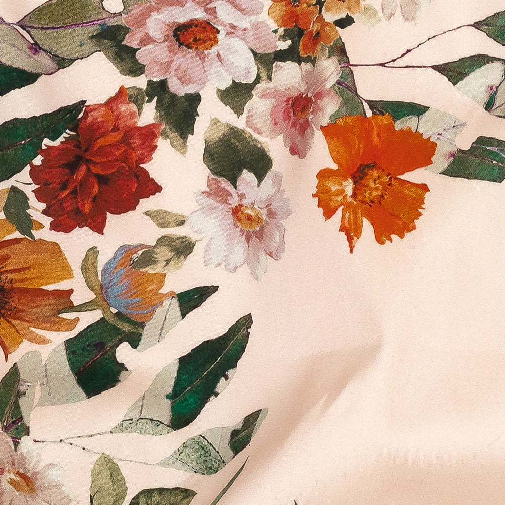 Stretch Cotton Sateen - Pink and Multicolor Floral Border - Adagio Print - Mood Exclusive Viso Collection Detail Stretch Cotton Sateen - Pink and Multicolor Floral Border - Adagio Print - Mood Exclusive Viso Collection Detail