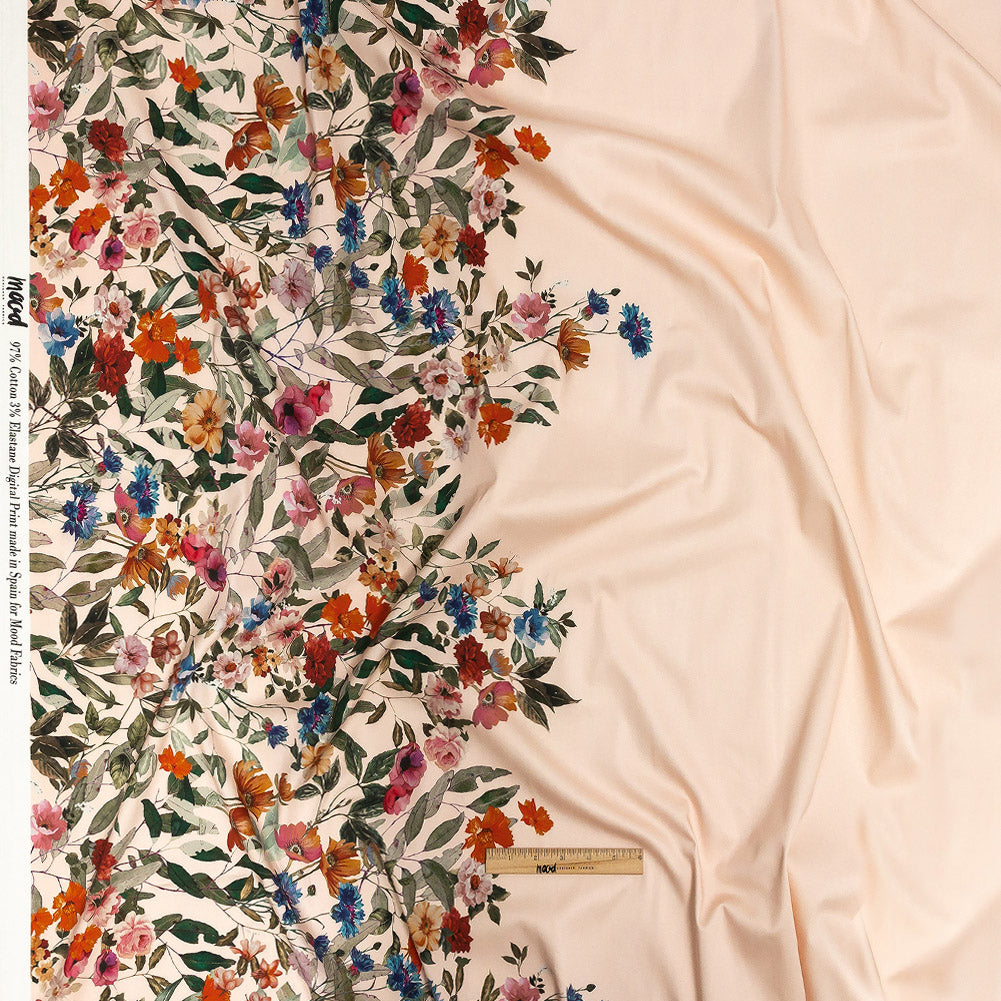 Stretch Cotton Sateen - Pink and Multicolor Floral Border - Adagio Print - Mood Exclusive Viso Collection Full Stretch Cotton Sateen - Pink and Multicolor Floral Border - Adagio Print - Mood Exclusive Viso Collection Full