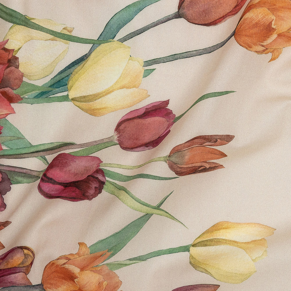Cotton Voile - Pink, Red and Yellow Tulips Border - Camminata Print - Mood Exclusive Viso Collection Cotton Voile - Pink, Red and Yellow Tulips Border - Camminata Print - Mood Exclusive Viso Collection