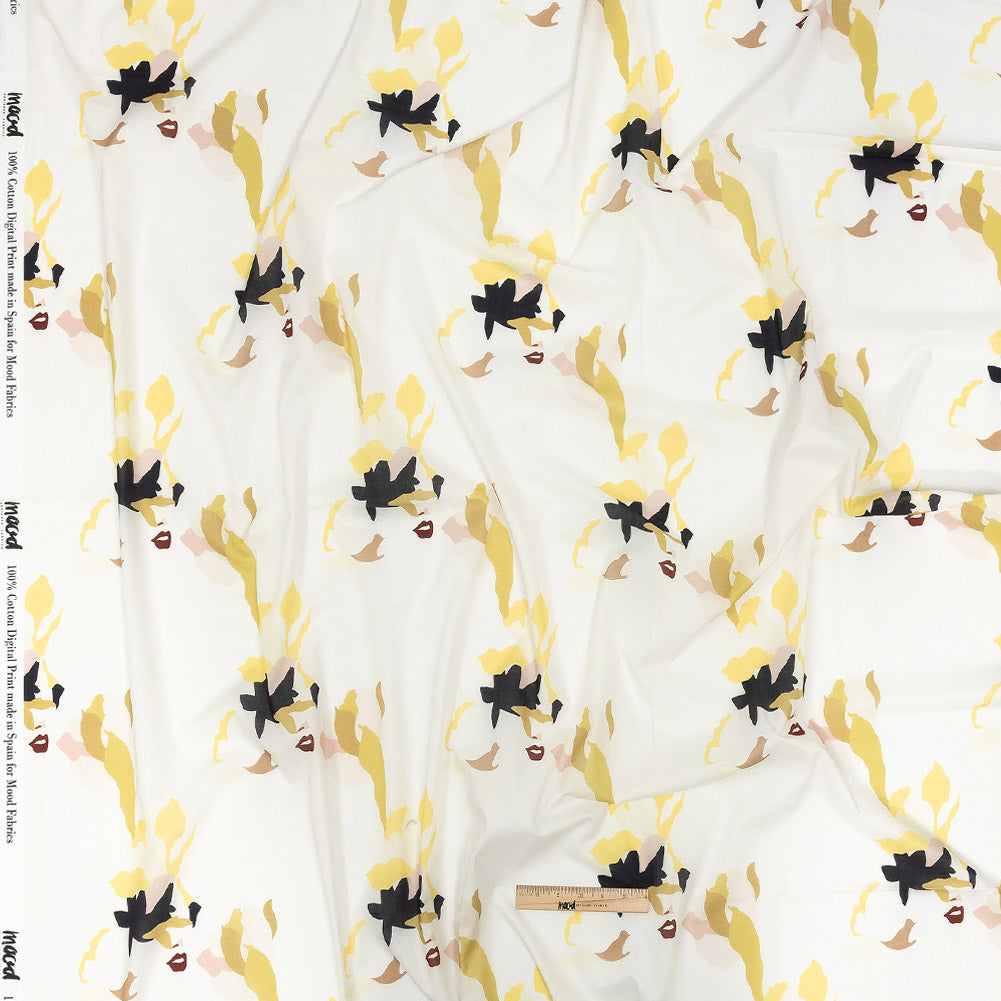 Cotton Voile - White and Yellow Floral and Faces - La Donna Print - Mood Exclusive Viso Collection - Full Cotton Voile - White and Yellow Floral and Faces - La Donna Print - Mood Exclusive Viso Collection - Full