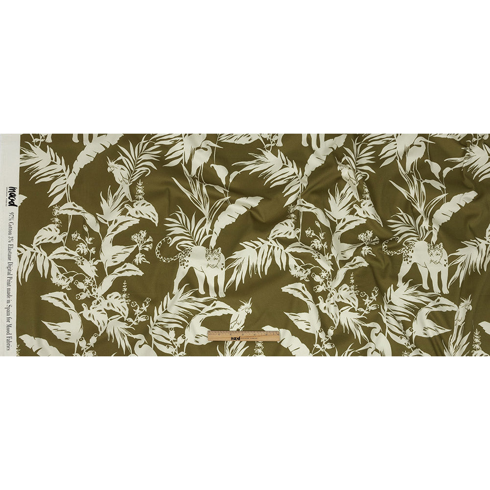 Stretch Cotton Sateen - Olive Animals and Leaves - Understory Samba Print - Mood Exclusive Rio Collection - Full Stretch Cotton Sateen - Olive Animals and Leaves - Understory Samba Print - Mood Exclusive Rio Collection - Full