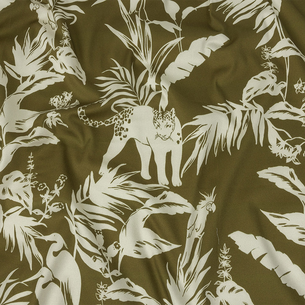 Stretch Cotton Sateen - Olive Animals and Leaves - Understory Samba Print - Mood Exclusive Rio Collection Stretch Cotton Sateen - Olive Animals and Leaves - Understory Samba Print - Mood Exclusive Rio Collection