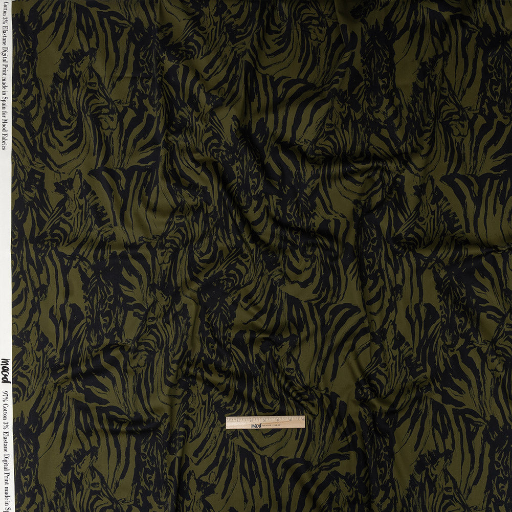 Stretch Cotton Sateen - Olive Zebras and Stripes - Marajo Print - Mood Exclusive Rio Collection Stretch Cotton Sateen - Olive Zebras and Stripes - Marajo Print - Mood Exclusive Rio Collection
