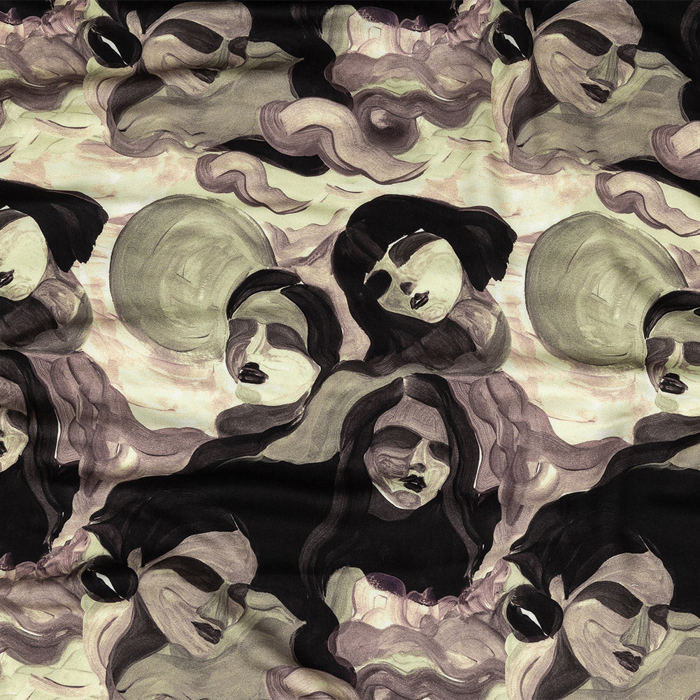 Rayon Challis - Purple and Green Painted Faces - Lost Lenore Print - Mood Exclusive Twilight Collection Rayon Challis - Purple and Green Painted Faces - Lost Lenore Print - Mood Exclusive Twilight Collection