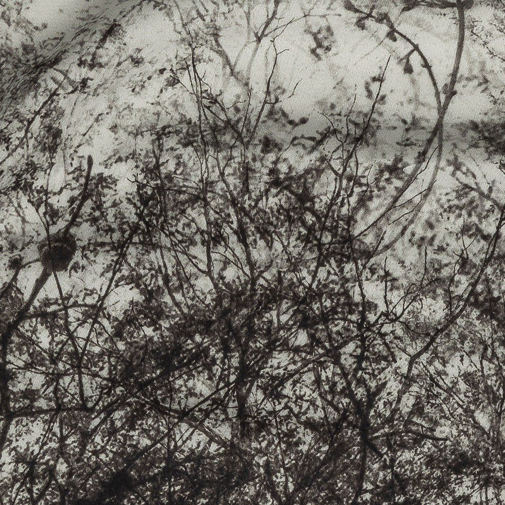 Rayon Challis Panel - Black and White Tree Branches - Old House Woods Print - Mood Exclusive Twilight Collection Detail Rayon Challis Panel - Black and White Tree Branches - Old House Woods Print - Mood Exclusive Twilight Collection Detail
