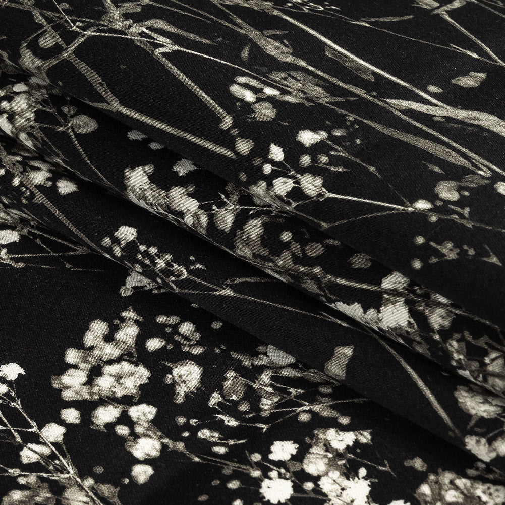 Stretch Cotton Sateen Panel - White and Black Flowering Branches - Ghost Light Growth Print - Mood Exclusive Twilight Collection Folded Stretch Cotton Sateen Panel - White and Black Flowering Branches - Ghost Light Growth Print - Mood Exclusive Twilight Collection Folded