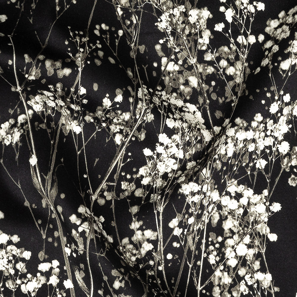 Stretch Cotton Sateen Panel - White and Black Flowering Branches - Ghost Light Growth Print - Mood Exclusive Twilight Collection Detail Stretch Cotton Sateen Panel - White and Black Flowering Branches - Ghost Light Growth Print - Mood Exclusive Twilight Collection Detail