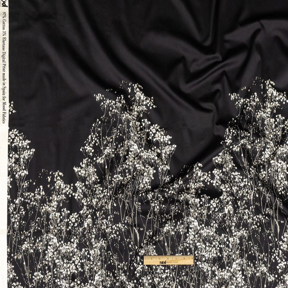 Stretch Cotton Sateen Panel - White and Black Flowering Branches - Ghost Light Growth Print - Mood Exclusive Twilight Collection Full Stretch Cotton Sateen Panel - White and Black Flowering Branches - Ghost Light Growth Print - Mood Exclusive Twilight Collection Full