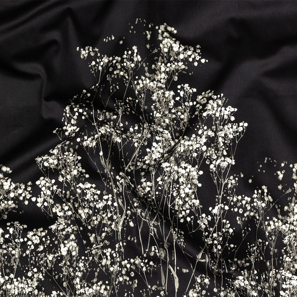 Stretch Cotton Sateen Panel - White and Black Flowering Branches - Ghost Light Growth Print - Mood Exclusive Twilight Collection Stretch Cotton Sateen Panel - White and Black Flowering Branches - Ghost Light Growth Print - Mood Exclusive Twilight Collection