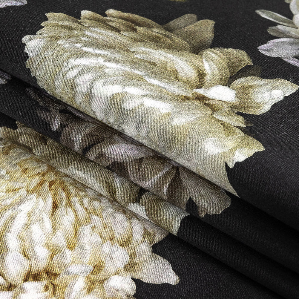 Stretch Cotton Sateen - Pale Yellow and Black Floral - Maiden's Melancholy Print - Mood Exclusive Twilight Collection Folded Stretch Cotton Sateen - Pale Yellow and Black Floral - Maiden's Melancholy Print - Mood Exclusive Twilight Collection Folded