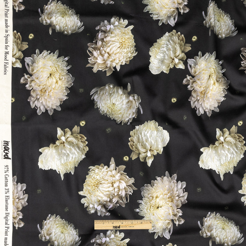 Stretch Cotton Sateen - Pale Yellow and Black Floral - Maiden's Melancholy Print - Mood Exclusive Twilight Collection Full Stretch Cotton Sateen - Pale Yellow and Black Floral - Maiden's Melancholy Print - Mood Exclusive Twilight Collection Full