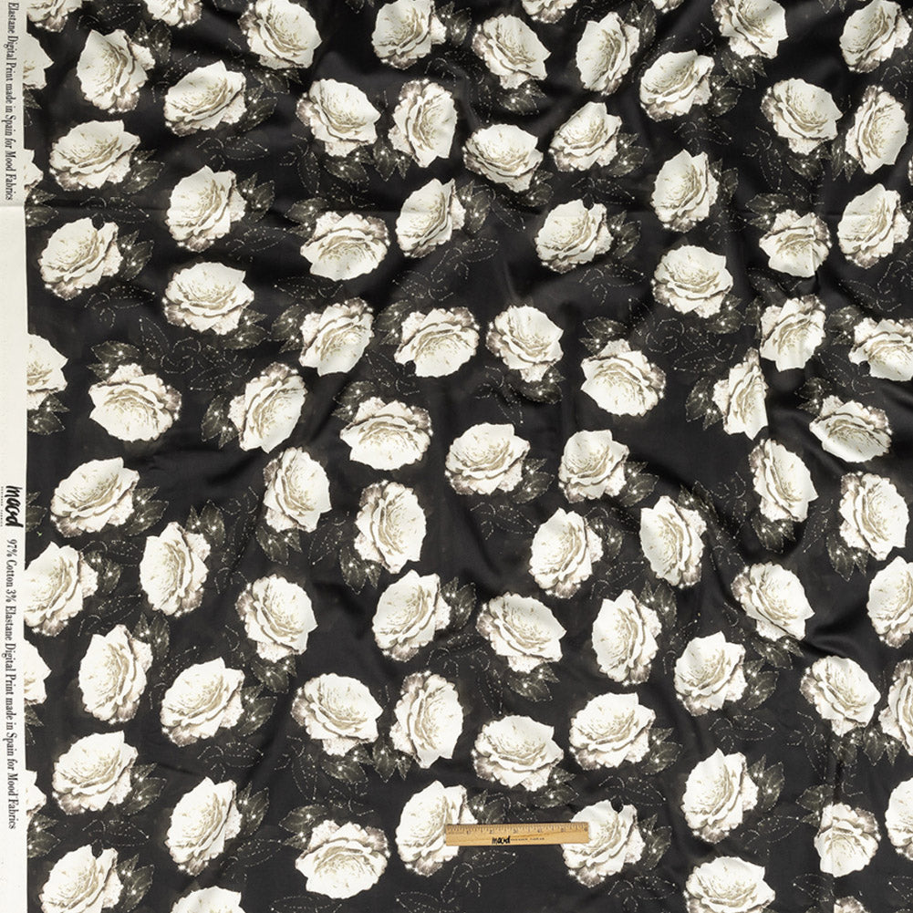Stretch Cotton Sateen - Black and White Starry Floral - Rose Dread Print - Mood Exclusive Twilight Collection Full Stretch Cotton Sateen - Black and White Starry Floral - Rose Dread Print - Mood Exclusive Twilight Collection Full