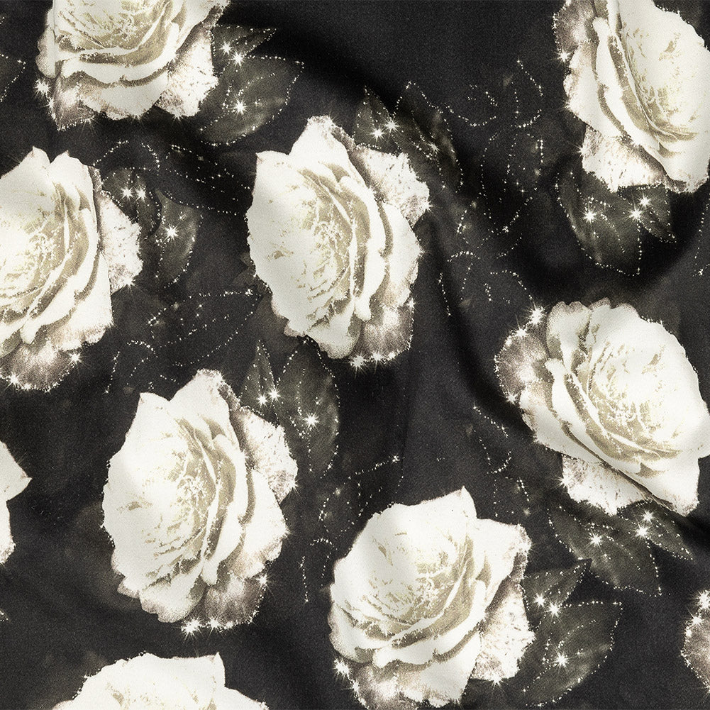 Stretch Cotton Sateen - Black and White Starry Floral - Rose Dread Print - Mood Exclusive Twilight Collection Stretch Cotton Sateen - Black and White Starry Floral - Rose Dread Print - Mood Exclusive Twilight Collection