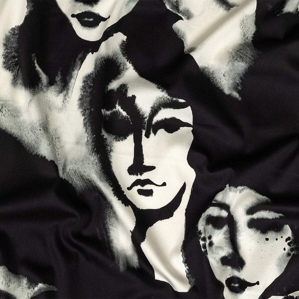 Stretch Cotton Sateen - Black and White Ghostly Faces - Unearthly Portrait Print - Mood Exclusive Twilight Collection Stretch Cotton Sateen - Black and White Ghostly Faces - Unearthly Portrait Print - Mood Exclusive Twilight Collection