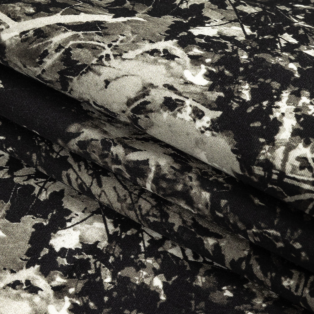 Stretch Cotton Sateen - Black and White Leafy Branches - Sylvan Spectres Print - Mood Exclusive Twilight Collection Folded Stretch Cotton Sateen - Black and White Leafy Branches - Sylvan Spectres Print - Mood Exclusive Twilight Collection Folded