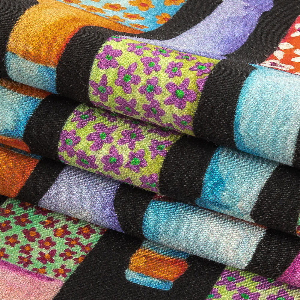 Stretch Cotton Sateen - Rainbow Bottles on Black - Pop Bottle Parade Print - Mood Exclusive Sugar Collection Stretch Cotton Sateen - Rainbow Bottles on Black - Pop Bottle Parade Print - Mood Exclusive Sugar Collection