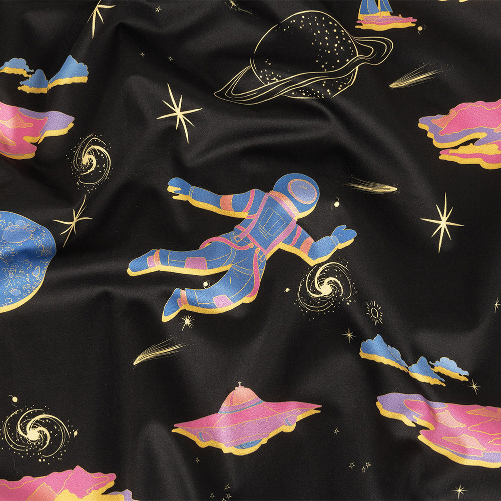 Stretch Cotton Sateen - Black, Pink and Blue Astronauts in Space - Sweet Dreams Print - Mood Exclusive Sugar Collection Stretch Cotton Sateen - Black, Pink and Blue Astronauts in Space - Sweet Dreams Print - Mood Exclusive Sugar Collection