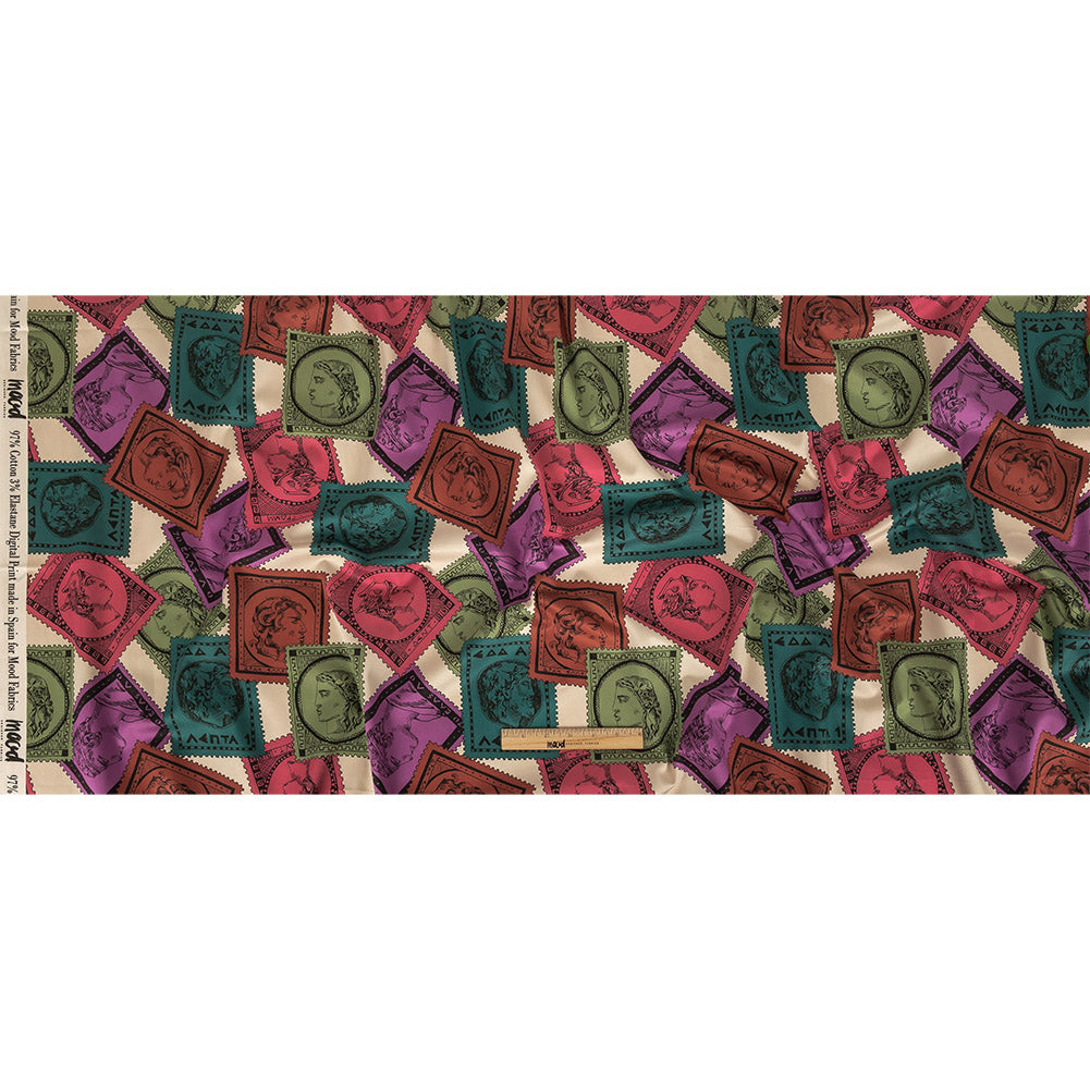 Stretch Cotton Sateen - Rainbow Greek Bust Stamps - Sending Love Print - Mood Exclusive Sugar Collection Stretch Cotton Sateen - Rainbow Greek Bust Stamps - Sending Love Print - Mood Exclusive Sugar Collection