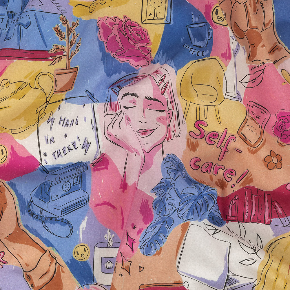 Cotton Voile - Rainbow Self Care Illustrations - Eating Bon Bons Print - Mood Exclusive Sugar Collection Cotton Voile - Rainbow Self Care Illustrations - Eating Bon Bons Print - Mood Exclusive Sugar Collection