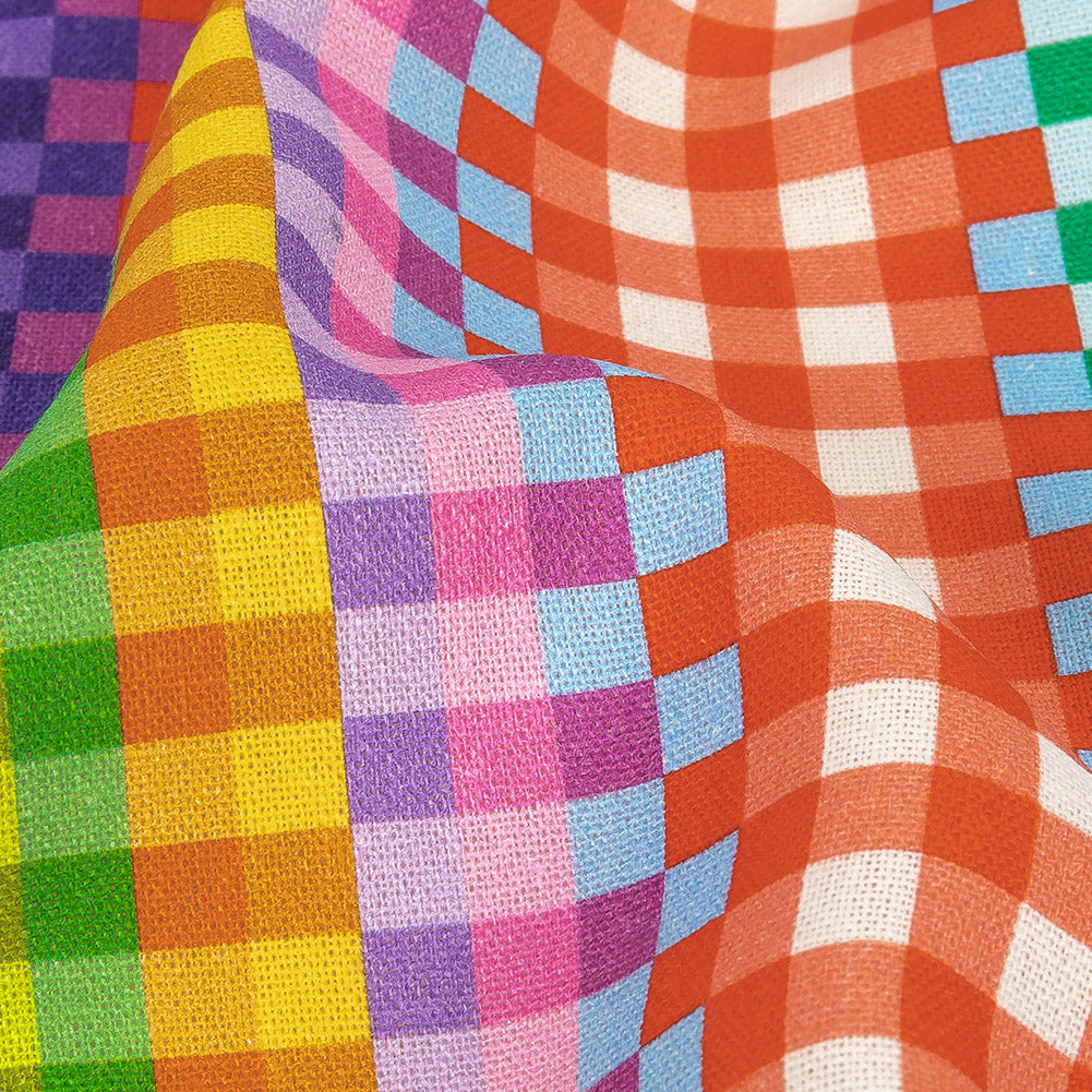 Linen and Rayon Woven - Rainbow Checkers - Picnic Patisserie Print - Mood Exclusive Sugar Collection Linen and Rayon Woven - Rainbow Checkers - Picnic Patisserie Print - Mood Exclusive Sugar Collection