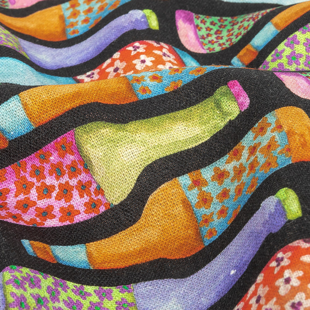 Linen and Rayon Woven - Rainbow Bottles on Black - Pop Bottle Parade Print - Mood Exclusive Sugar Collection Linen and Rayon Woven - Rainbow Bottles on Black - Pop Bottle Parade Print - Mood Exclusive Sugar Collection