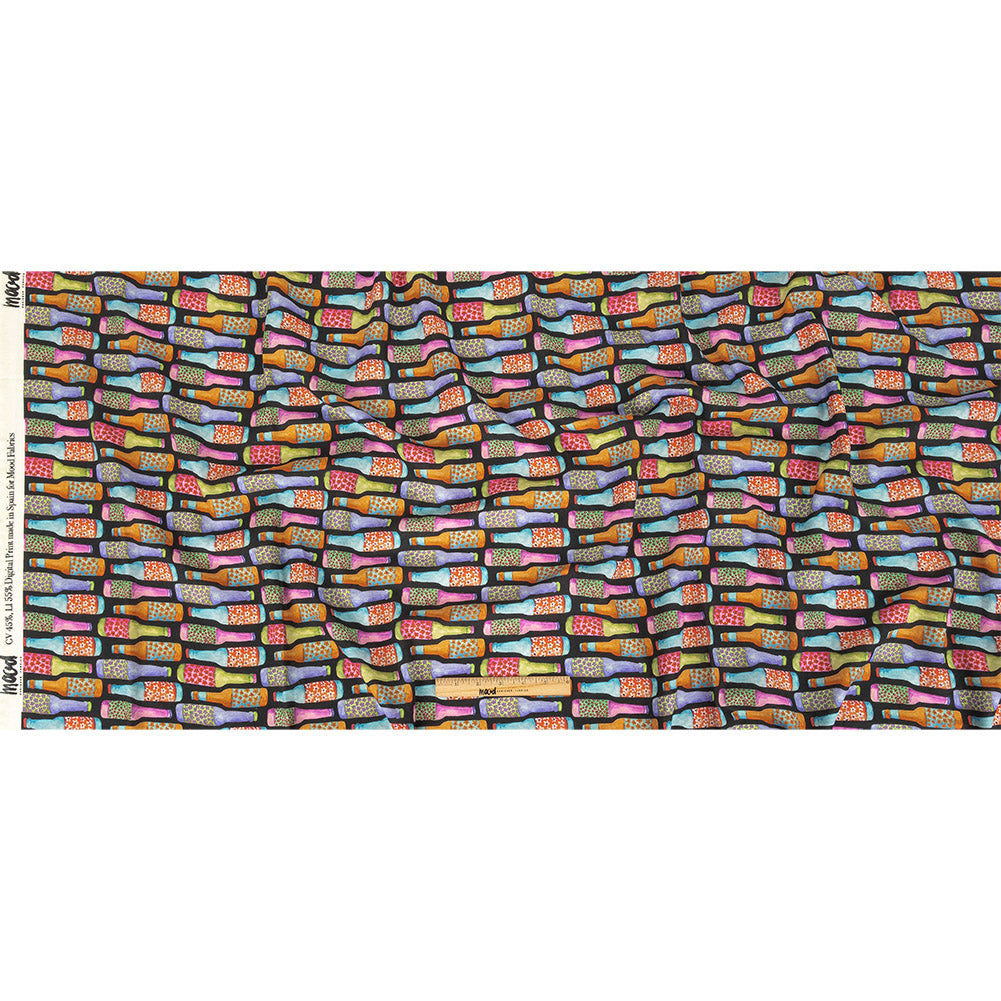 Linen and Rayon Woven - Rainbow Bottles on Black - Pop Bottle Parade Print - Mood Exclusive Sugar Collection Linen and Rayon Woven - Rainbow Bottles on Black - Pop Bottle Parade Print - Mood Exclusive Sugar Collection