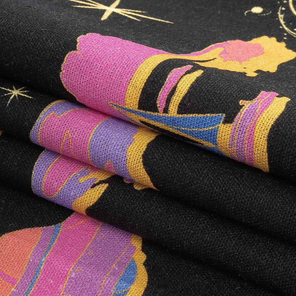 Linen and Rayon Woven - Black, Pink and Blue Astronauts in Space - Sweet Dreams Print - Mood Exclusive Sugar Collection Linen and Rayon Woven - Black, Pink and Blue Astronauts in Space - Sweet Dreams Print - Mood Exclusive Sugar Collection