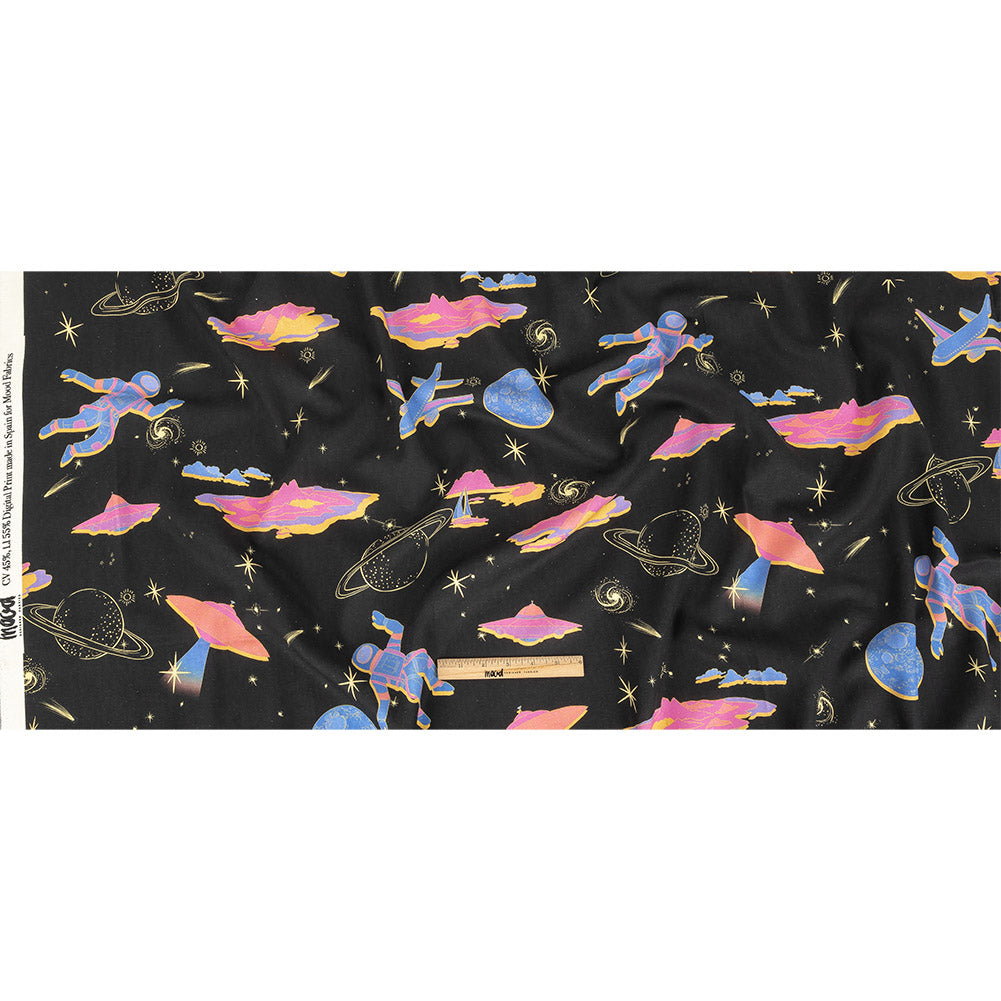 Linen and Rayon Woven - Black, Pink and Blue Astronauts in Space - Sweet Dreams Print - Mood Exclusive Sugar Collection Linen and Rayon Woven - Black, Pink and Blue Astronauts in Space - Sweet Dreams Print - Mood Exclusive Sugar Collection