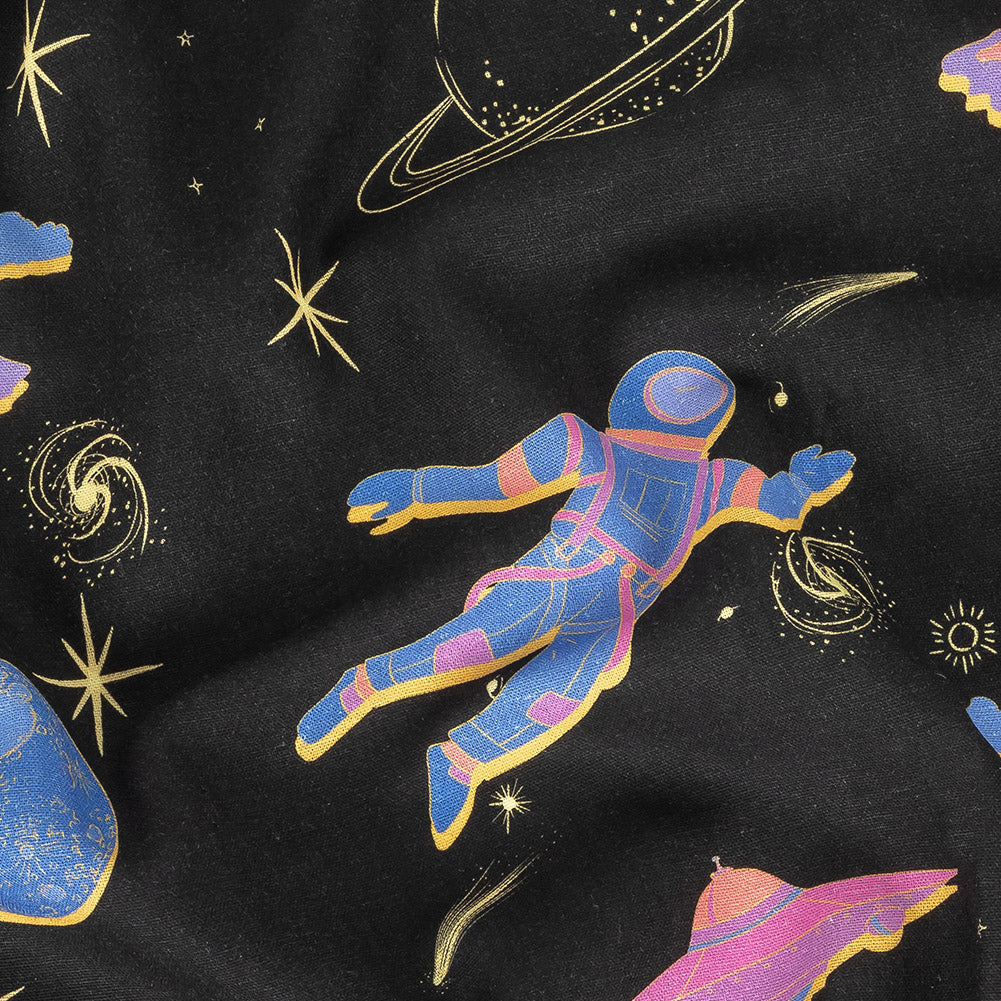 Linen and Rayon Woven - Black, Pink and Blue Astronauts in Space - Sweet Dreams Print - Mood Exclusive Sugar Collection Linen and Rayon Woven - Black, Pink and Blue Astronauts in Space - Sweet Dreams Print - Mood Exclusive Sugar Collection