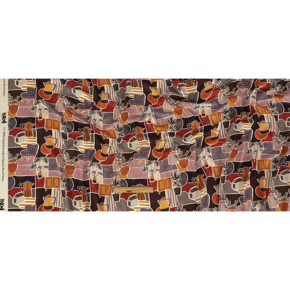 Rayon Challis - Purple and Orange Plants and Furniture - Peaceful Waking Print - Mood Exclusive Wisteria Collection Full Rayon Challis - Purple and Orange Plants and Furniture - Peaceful Waking Print - Mood Exclusive Wisteria Collection Full