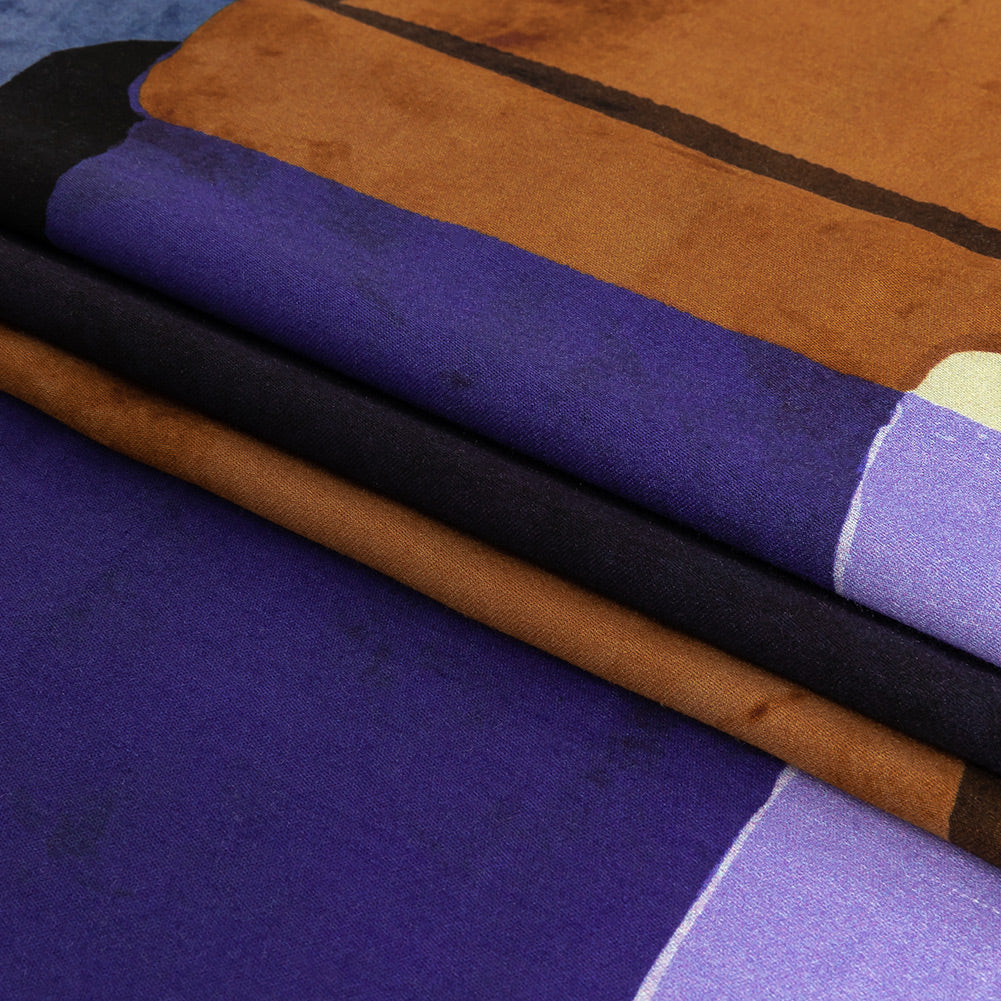 Rayon Challis Panel - Purple and Brown Painterly Geometric - Around the Block Print - Mood Exclusive Wisteria Collection Folded Rayon Challis Panel - Purple and Brown Painterly Geometric - Around the Block Print - Mood Exclusive Wisteria Collection Folded