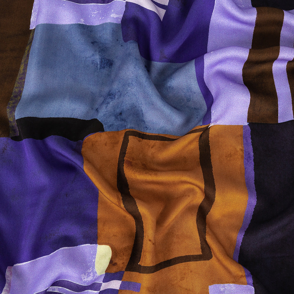 Rayon Challis Panel - Purple and Brown Painterly Geometric - Around the Block Print - Mood Exclusive Wisteria Collection Rayon Challis Panel - Purple and Brown Painterly Geometric - Around the Block Print - Mood Exclusive Wisteria Collection