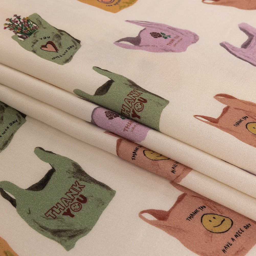 Rayon Challis - Purple, Yellow and Green Shopping Bags - Come Again Soon Print - Mood Exclusive Wisteria Collection Folded Rayon Challis - Purple, Yellow and Green Shopping Bags - Come Again Soon Print - Mood Exclusive Wisteria Collection Folded
