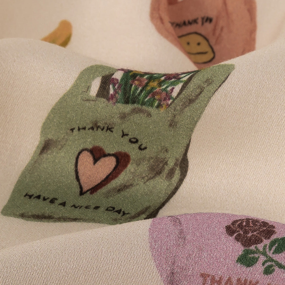 Rayon Challis - Purple, Yellow and Green Shopping Bags - Come Again Soon Print - Mood Exclusive Wisteria Collection Detail Rayon Challis - Purple, Yellow and Green Shopping Bags - Come Again Soon Print - Mood Exclusive Wisteria Collection Detail