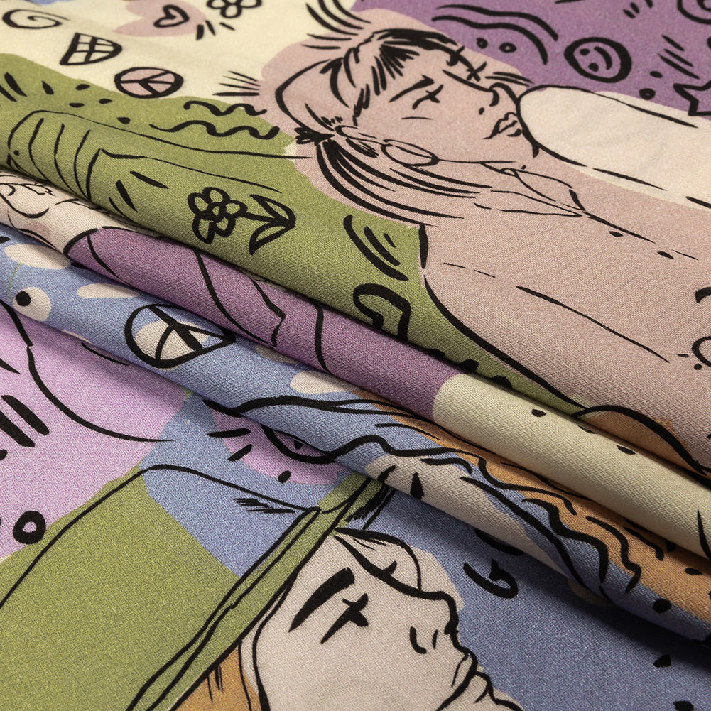 Rayon Challis - Purple and Green Figures and Doodles - Serene Souls Print - Mood Exclusive Wisteria Collection Folded Rayon Challis - Purple and Green Figures and Doodles - Serene Souls Print - Mood Exclusive Wisteria Collection Folded