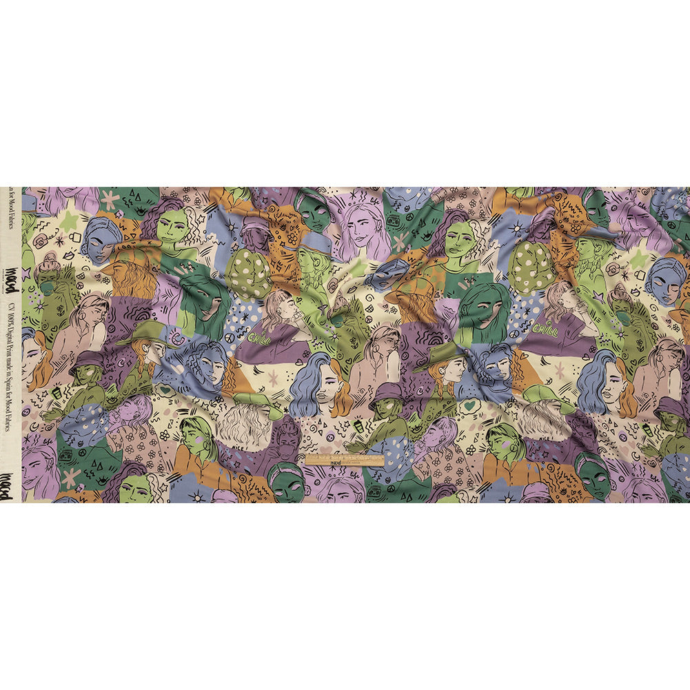 Rayon Challis - Purple and Green Figures and Doodles - Serene Souls Print - Mood Exclusive Wisteria Collection Full Rayon Challis - Purple and Green Figures and Doodles - Serene Souls Print - Mood Exclusive Wisteria Collection Full