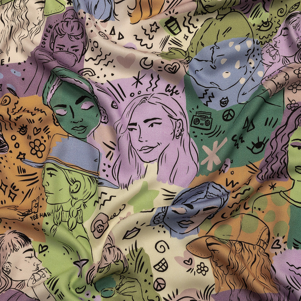 Rayon Challis - Purple and Green Figures and Doodles - Serene Souls Print - Mood Exclusive Wisteria Collection Rayon Challis - Purple and Green Figures and Doodles - Serene Souls Print - Mood Exclusive Wisteria Collection