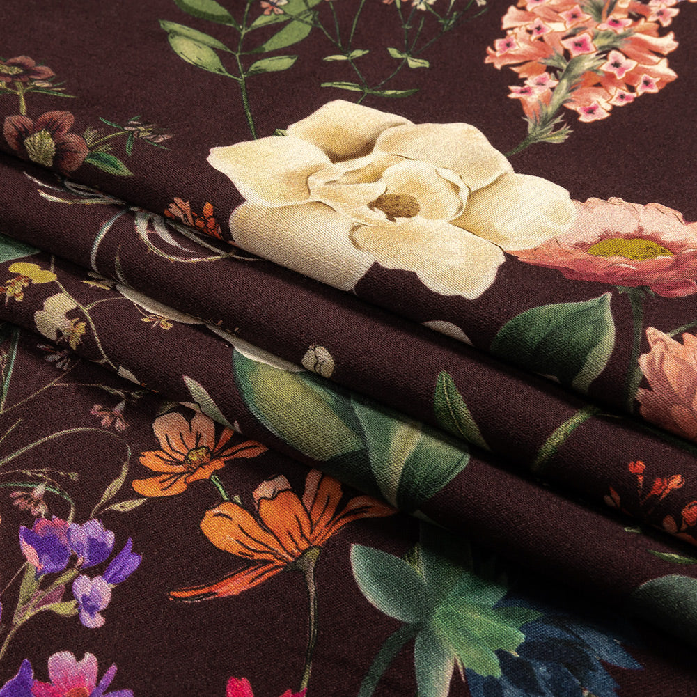 Rayon Challis - Deep Purple Floral - Baroque Bouquet Print - Mood Exclusive Wisteria Collection Folded Rayon Challis - Deep Purple Floral - Baroque Bouquet Print - Mood Exclusive Wisteria Collection Folded