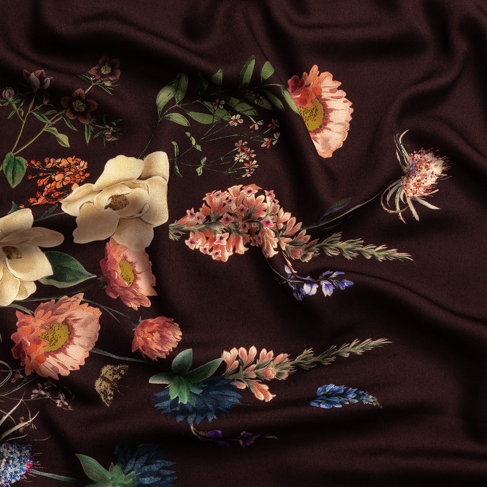 Rayon Challis - Deep Purple Floral - Baroque Bouquet Print - Mood Exclusive Wisteria Collection Rayon Challis - Deep Purple Floral - Baroque Bouquet Print - Mood Exclusive Wisteria Collection