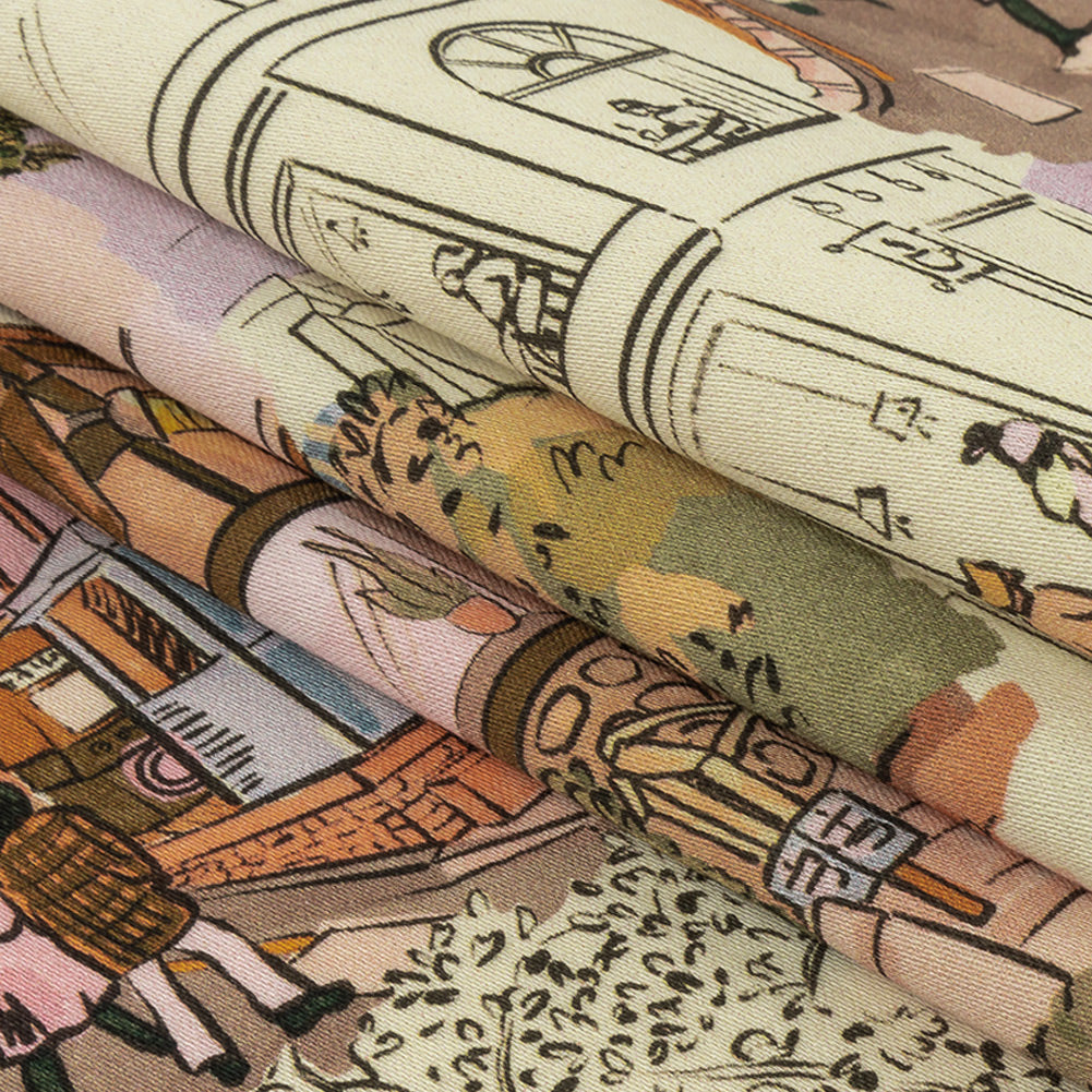 Stretch Cotton Sateen - Multicolor Streetscapes and Trees - Growing Roots Print - Mood Exclusive Wisteria Collection Folded Stretch Cotton Sateen - Multicolor Streetscapes and Trees - Growing Roots Print - Mood Exclusive Wisteria Collection Folded