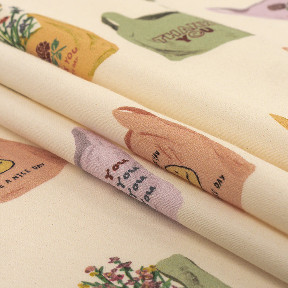 Stretch Cotton Sateen - Purple, Yellow and Green Shopping Bags - Come Again Soon Print - Mood Exclusive Wisteria Collection Folded Stretch Cotton Sateen - Purple, Yellow and Green Shopping Bags - Come Again Soon Print - Mood Exclusive Wisteria Collection Folded